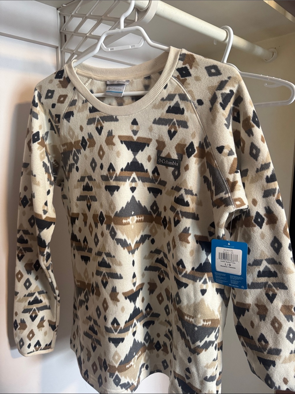 Columbia Cream Aztec-Print Crewneck Sweater with Brown & Gray Accents